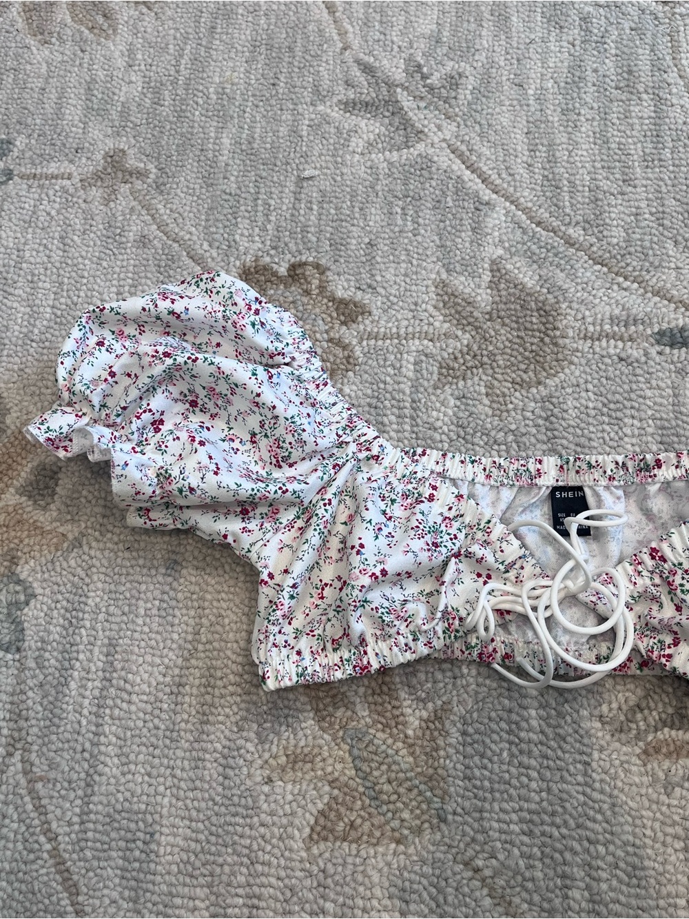 White Floral Puff-Sleeve Tie-Front Crop Top